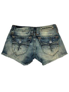 Rock Revival Jen H33 Cutoff Denim Shorts Womens 26 Blue Distressed Fleur-De-Lis